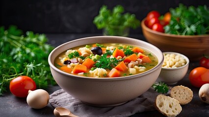 Wall Mural - Homemade vegetarian soups and ingredients for cooking. In a bowl. Healthy food concept. Advertising photo.