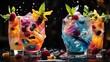 © UZAIR - Signature cocktails dazzle in a food explosion on black, with splashes of colorful exotic juices and shimmering ice crystals forming an abstract art