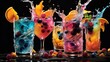 © UZAIR - Signature cocktails dazzle in a food explosion on black, with splashes of colorful exotic juices and shimmering ice crystals forming an abstract art