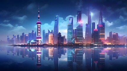 Shanghai skyline panorama at night with reflection in Huangpu river