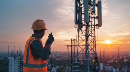 Engineer do installation 5G tower copy space