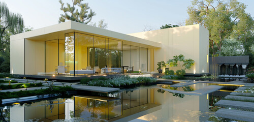 Sticker - Modern luxury suburban house with pale yellow walls and reflective glass, surrounded by a modern front yard with water features.