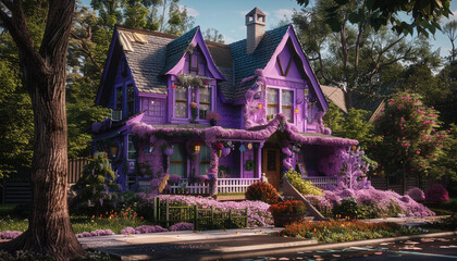 Sticker - Orchid purple cottage with whimsical details and a storybook garden, in a magical suburban environment.