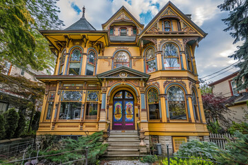 Sticker - Pale yellow Queen Anne house with ornate trim and stained glass windows, located in a historic suburb.