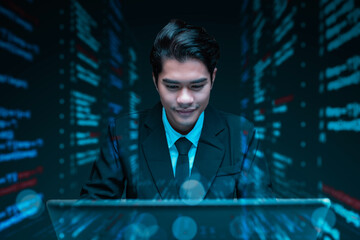 Software engineer occupation in information technology IT, analyze data, solve problems, and innovative thinking solutions. Programmer using a laptop with a virtual coding data information screen.