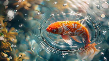 Beautiful orange and white koi fish swimming in clear water