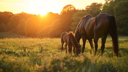 English thoroughbred horse mare with foal grazing at sunset in a meadow with heads together