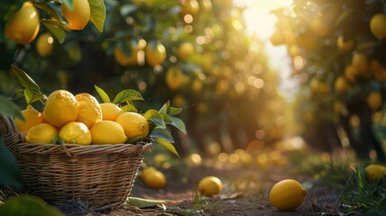 Wall Mural - basket with large ripe lemons stands in the foreground, sunlight passes through the leaves, a pastoral scene of peace and tranquility