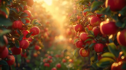 Wall Mural - stunning orchard with rows of trees, an abundance of red ripe apples on branches with green leaves, 