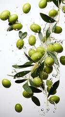 Wall Mural - olives flying on white background or olives falling in the air. levitation .