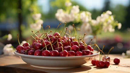 Wall Mural - ripe cherries on the table in the garden. red berries, blurred orchard on a sunny day.