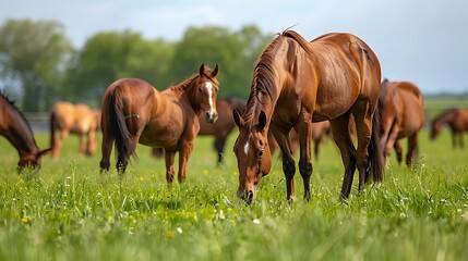 herd of horses grazing grass on pasture animal farm red thoroughbred horse