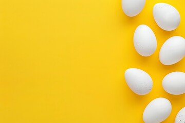 Wall Mural - Easter decoration white eggs on yellow background. Top view. HD, realistic, copyspace, Generative ai