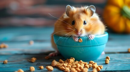 Hungry hamster standing near bowl of dry food