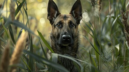Dutch Shepherd Dog s Portrait in Natural Setting with Trees and Long Grass