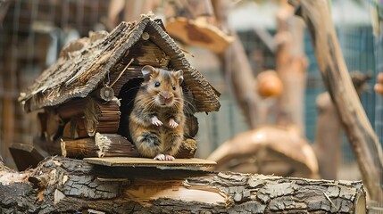 Wall Mural - The djungarian hamster is on the wooden house in the cage