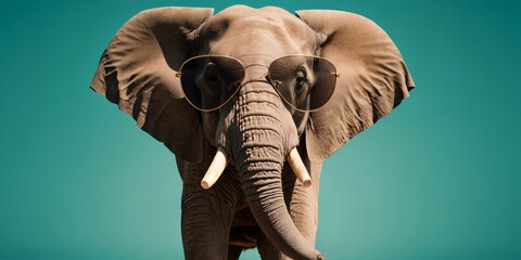 Elephant with Sunglasses on a Solid Background, Featuring Ample Copy Space
