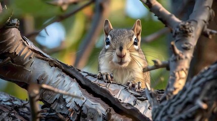 Wall Mural - The little squirrel high up in the tree feeding away