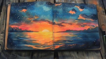 Wall Mural - Sketchbook filled with whimsical drawings of dreamy sunsets and starlit skies.