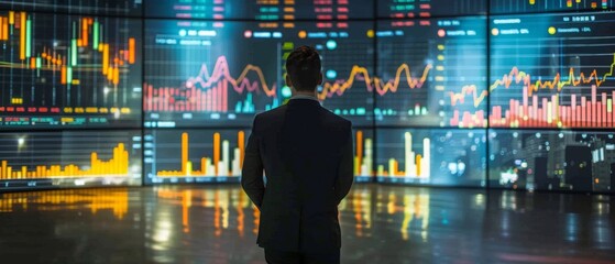 a businessman stands before a wall of glowing stock market data.