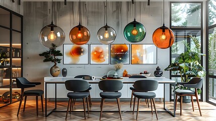 Wall Mural - Modern dining room with stylish hanging lights and a clean, minimalist decor theme