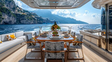 Wall Mural - Luxury yacht dining area set for a meal with a breathtaking view of the sea and cliffs under a clear blue sky. 