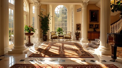 Wall Mural - Elegant and spacious interior of a luxurious home with a grand staircase, sunlight streaming through tall windows, and sophisticated decor. 