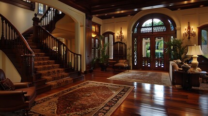 Wall Mural - Elegant and spacious interior of a luxury home with grand staircase and polished wooden floors. 