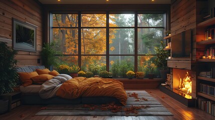 Wall Mural - Cozy modern bedroom with a warm fireplace and a large window showcasing a beautiful autumn forest view. 