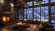 © Athena - A cozy cabin interior with a warm fireplace and Christmas decorations during the evening in a snowy mountain setting.