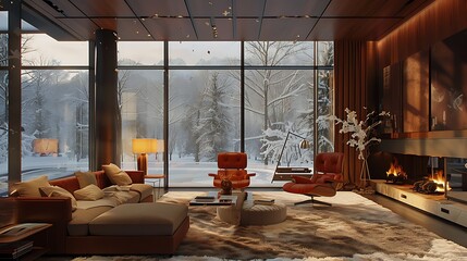 Wall Mural - Modern living room interior with large windows overlooking a snowy landscape, featuring warm lighting and a cozy fireplace. 