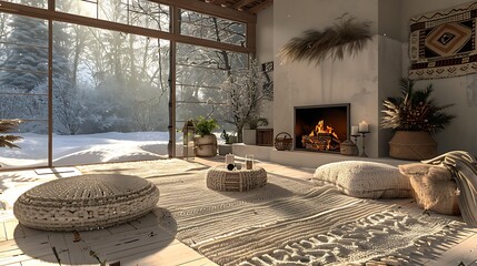 Wall Mural - A cozy winter living room with a roaring fireplace and large windows showcasing a snowy landscape. 