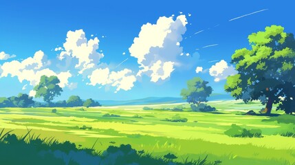 Poster - Summer Meadow Landscape with Puffy Clouds