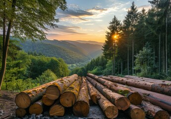 Wall Mural - Scenic view of a forest with large piles of timber logs ready for transport, surrounded by the natural landscape