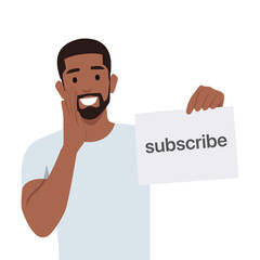 Young man holds a subscribe button with a call to click. Flat vector illustration isolated on white background