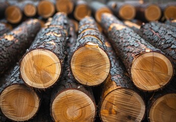 Wall Mural - Stacks of freshly cut timber logs arranged neatly in a logging yard