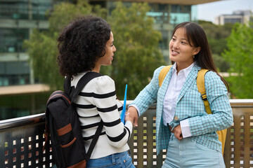 Wall Mural - Two students are standing on a ledge, one of them is wearing a blue jacket