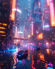 Wall Mural - Neon Drenched Futuristic Cityscape with Hovering Transports and Robotic Street Performers