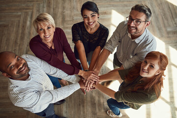 Aufkleber - Team, businesspeople and hands with huddle in office for collaboration with synergy, portrait and diversity. Celebrating, victory and above for success in company with partnership for growth.