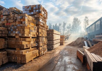 Wall Mural - An industrial sawmill with stacks of cut lumber and sawdust piles