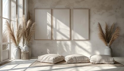 Poster - A white room with three empty frames on the wall and three pillows on the floor
