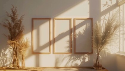Poster - A white room with three empty frames on the wall and two potted plants