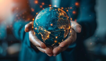 Poster - A person is holding a globe with a blue and orange design