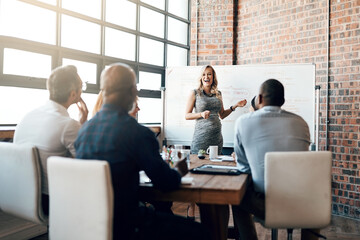 Aufkleber - Woman, business and presentation in office for meeting with discussion, brainstorming for ideas. Female manager, happiness and group for planning with teamwork, workshop for professional training