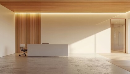 Poster - A large room with a wooden wall and a white desk with a chair