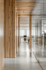 Poster - A long hallway with wooden walls and glass doors