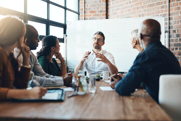 Leinwandbilder - Man, manager and meeting or presentation in boardroom with coworkers for corporate business seminar. Discussion, financial and training for company growth with teamwork, leader and workshop mentor