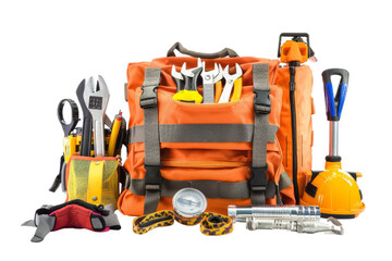 Set of construction tools with orange bag, helmet, flashlight, and wrenches, isolated white background, transparent background.