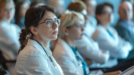 Female doctor at a healthcare workers conference is sitting and listening to the presenter. Medical experts attend educational events, seminars in boardroom.