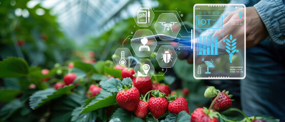 IoT Strawberry Farming, Hand using a device to monitor strawberry growth, digital icons displaying pH, temperature, pests, and drone usage.
